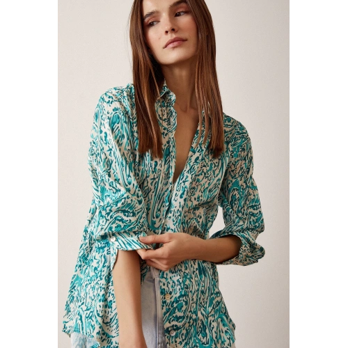 V Yaka Desenli Saten Gömlek Yeşil