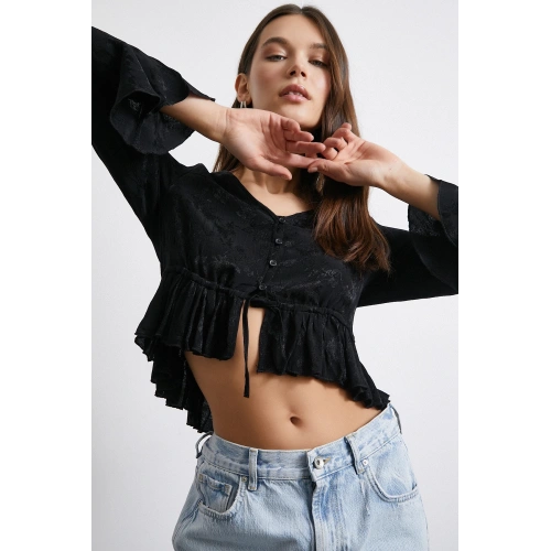 V Yaka Fırfırlı Bluz Siyah