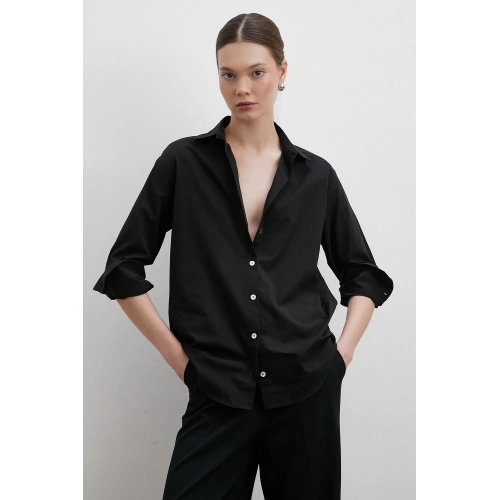 V Yaka Pamuk Gömlek Siyah