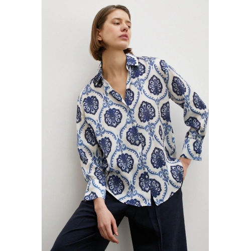 V Yaka Şal Desen Gömlek Lacivert