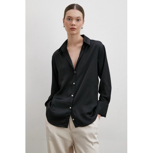 V Yaka Şifon Gömlek Siyah