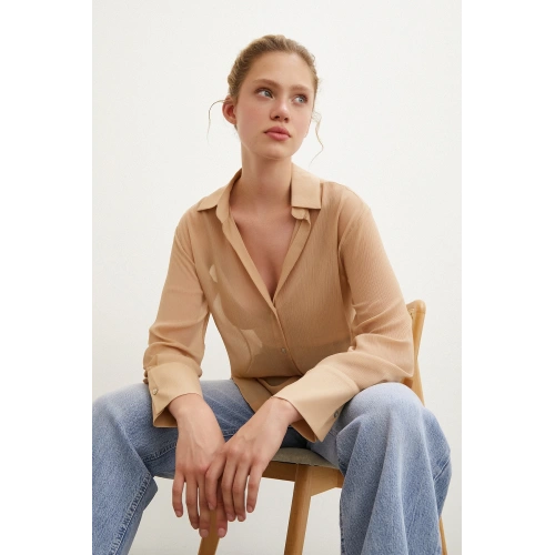 V Yaka Tül Gömlek Nude