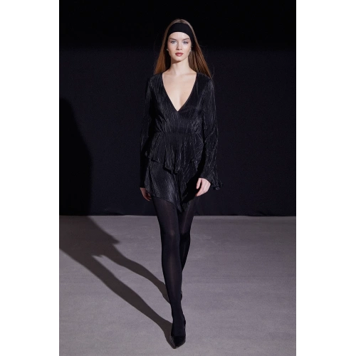 V Yaka Volanlı Mini Elbise Siyah