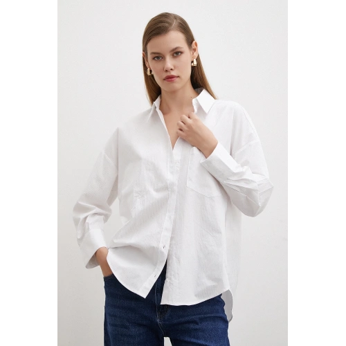 Varaklı Poplin Gömlek Beyaz