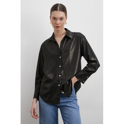 Varaklı V Yaka Gömlek Siyah