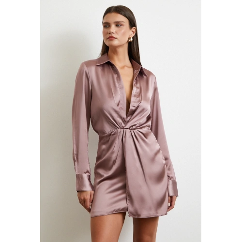 Viskon Saten Gömlek Elbise Yeşil