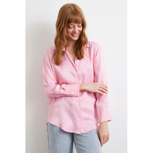 Viskon Saten Gömlek Pembe