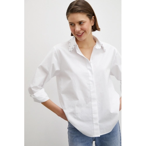 Yaka İncili Poplin Gömlek Beyaz