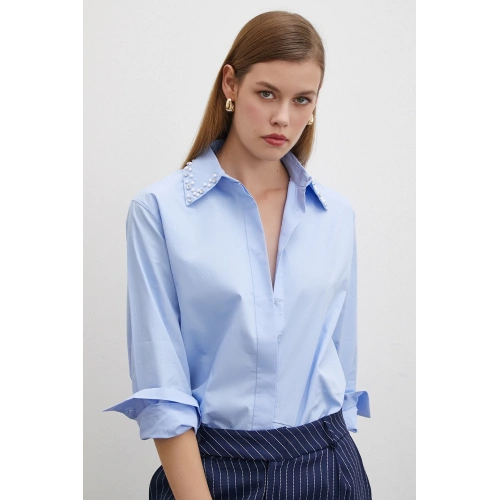 Yaka İncili Poplin Gömlek Mavi