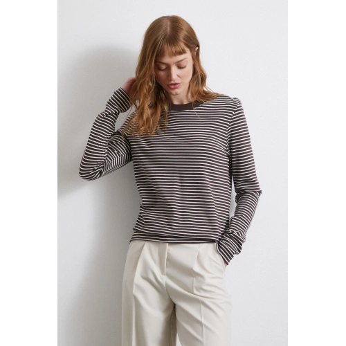 Yakası Ribanalı Çizgili Bluz Kahve