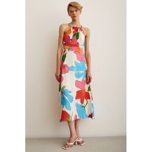 Yanları Dekolteli Askılı Desenli Elbise Mavi