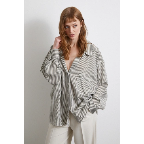 Yarasa Kol Çizgili Gömlek Haki