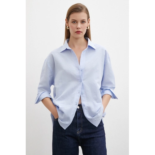 Yırtmaçlı Fakir Kol Gömlek Mavi