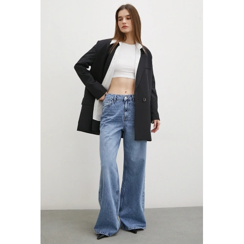 Yüksek Bel Beş Cepli Geniş Paça Jean Mavi