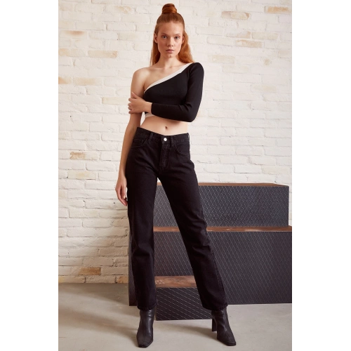 Yüksek Bel Bol Paça Jean Siyah