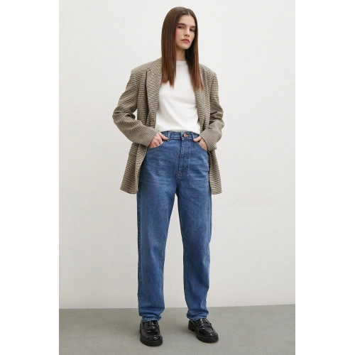 Yüksek Bel Dar Paça Mom Jean Mavi