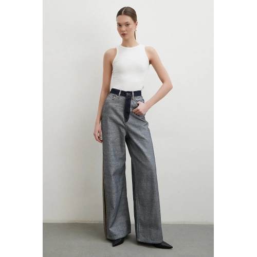 Yüksek Bel Geniş Paça Ters Dikişli Jean Lacivert