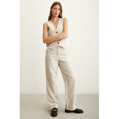 Yüksek Bel Keten Pantolon Bej