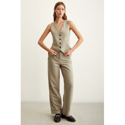 Yüksek Bel Keten Pantolon Gri