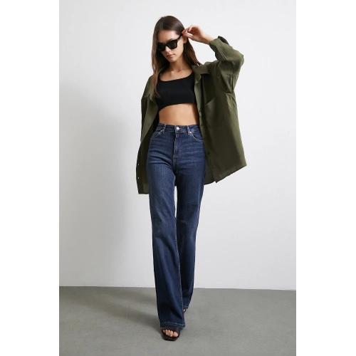 Yüksek Bel Likralı İspanyol Paça Jean Lacivert