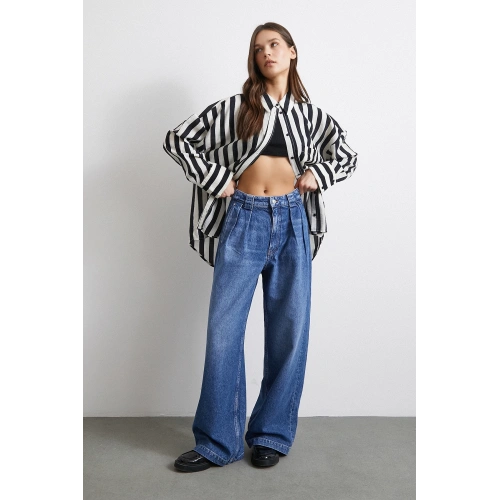 Yüksek Bel Pileli Geniş Paça Jean Mavi