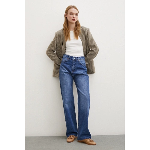 Yüksel Bel Kesik Geniş Paça Jean Mavi