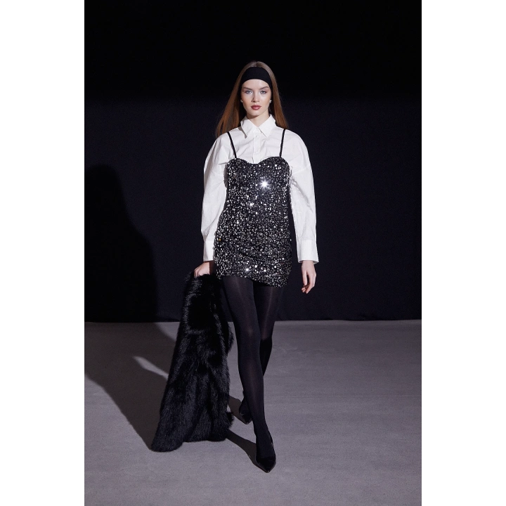 Askılı Pul Elbise Gümüş