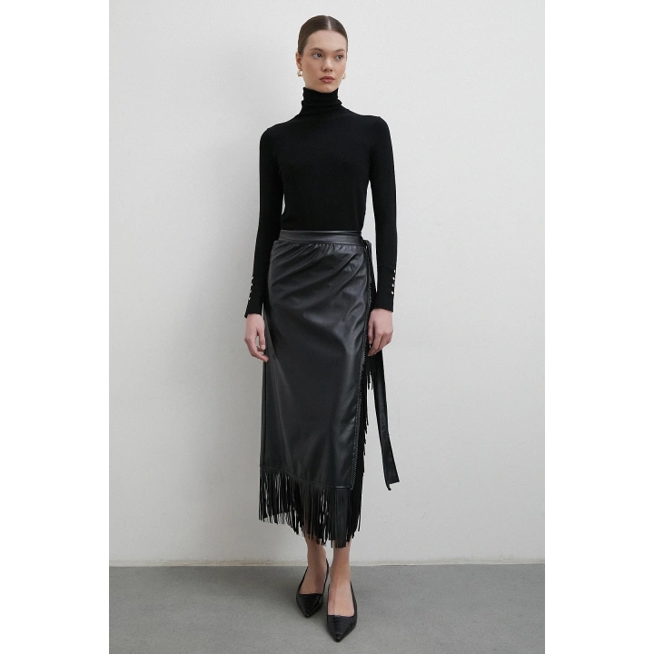 Bağlamalı Püsküllü Deri Etek Siyah