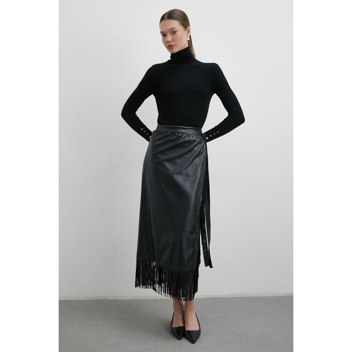 Bağlamalı Püsküllü Deri Etek Siyah