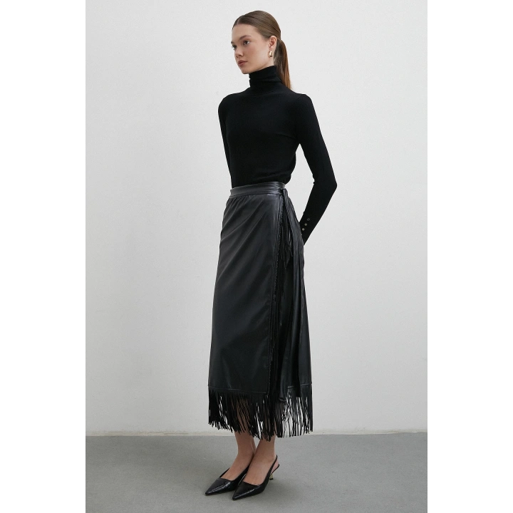 Bağlamalı Püsküllü Deri Etek Siyah