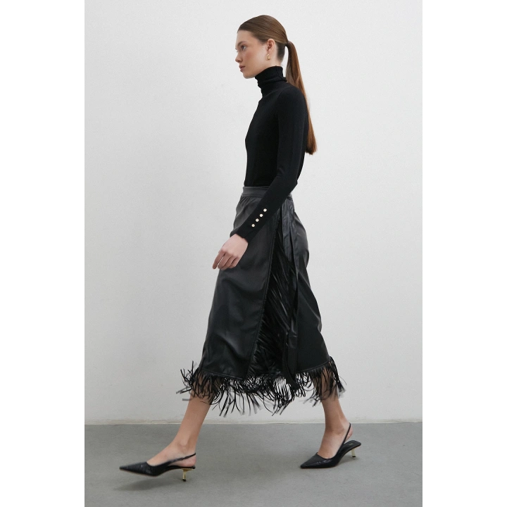 Bağlamalı Püsküllü Deri Etek Siyah