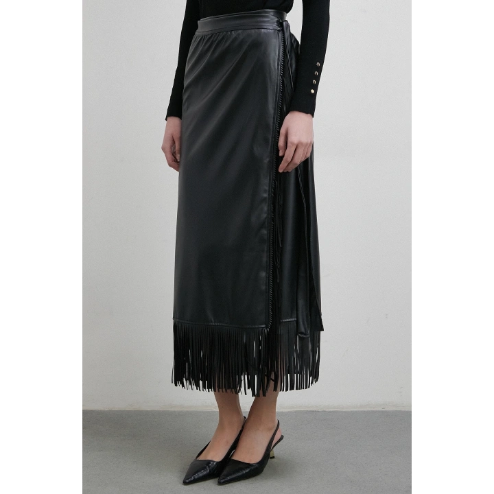 Bağlamalı Püsküllü Deri Etek Siyah