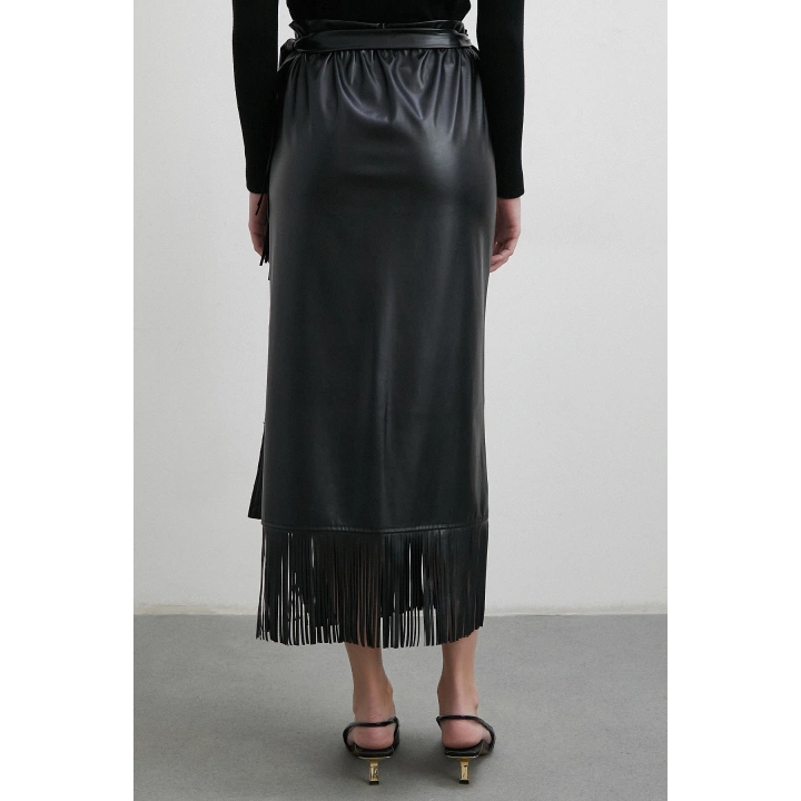 Bağlamalı Püsküllü Deri Etek Siyah