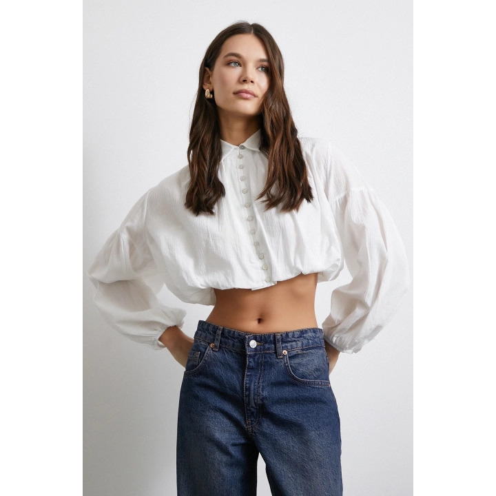 Balon Kol Crop Gömlek Beyaz
