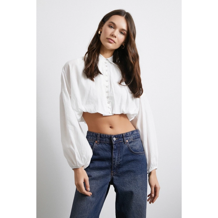 Balon Kol Crop Gömlek Beyaz