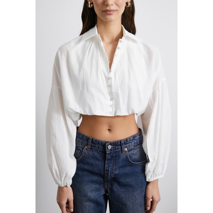 Balon Kol Crop Gömlek Beyaz