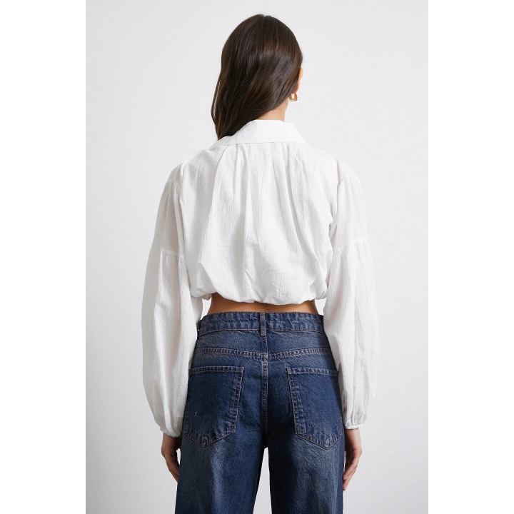 Balon Kol Crop Gömlek Beyaz