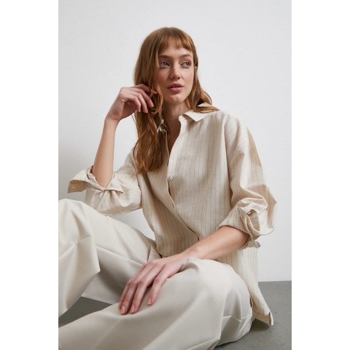 Basic Kontrast Çizgili Gömlek Bej