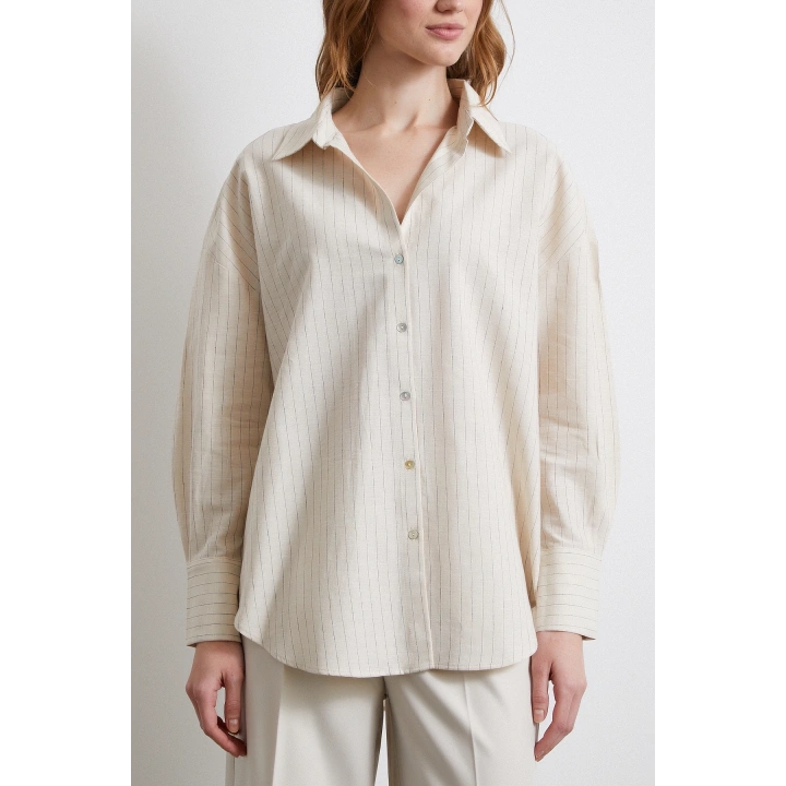 Basic Kontrast Çizgili Gömlek Bej