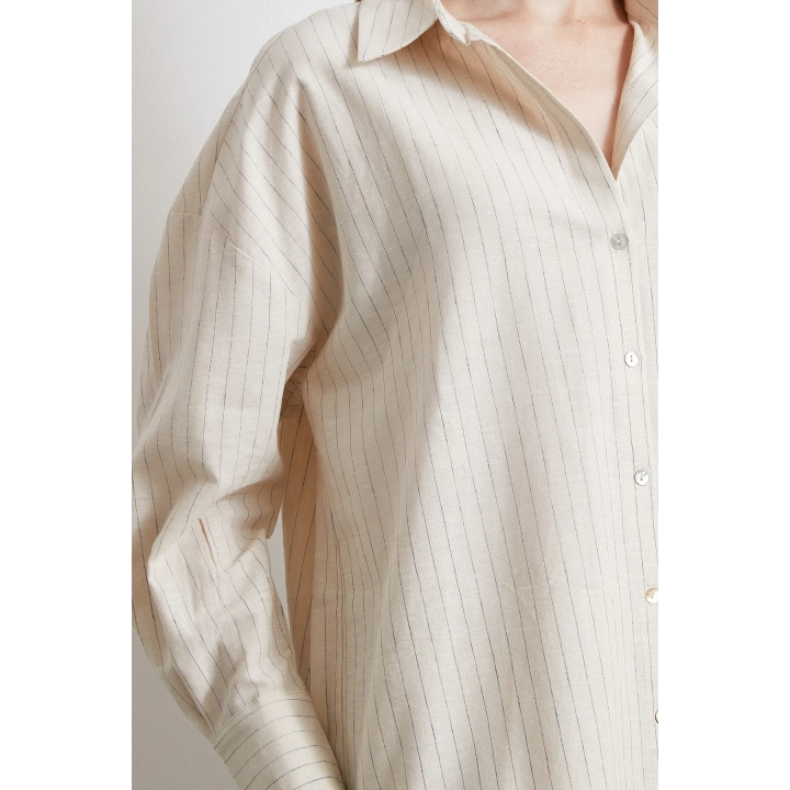 Basic Kontrast Çizgili Gömlek Bej