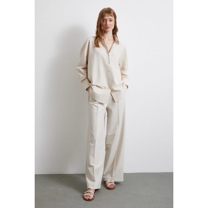 Basic Kontrast Çizgili Gömlek Bej