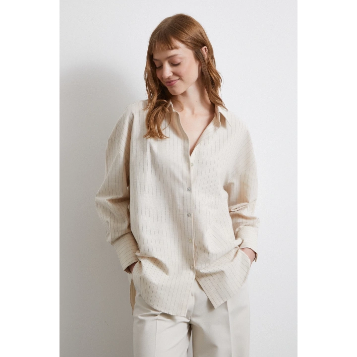 Basic Kontrast Çizgili Gömlek Bej