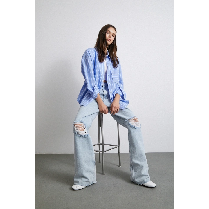 Basic Organik Pamuk Çizgili Gömlek Mavi