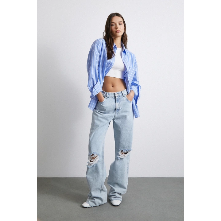 Basic Organik Pamuk Çizgili Gömlek Mavi