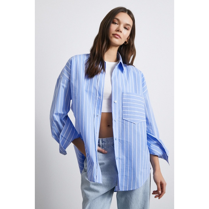 Basic Organik Pamuk Çizgili Gömlek Mavi