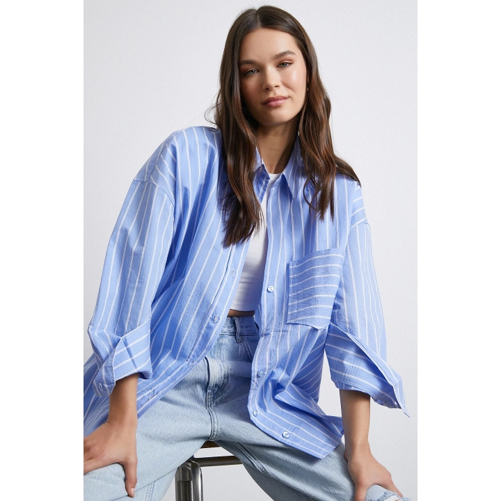Basic Organik Pamuk Çizgili Gömlek Mavi