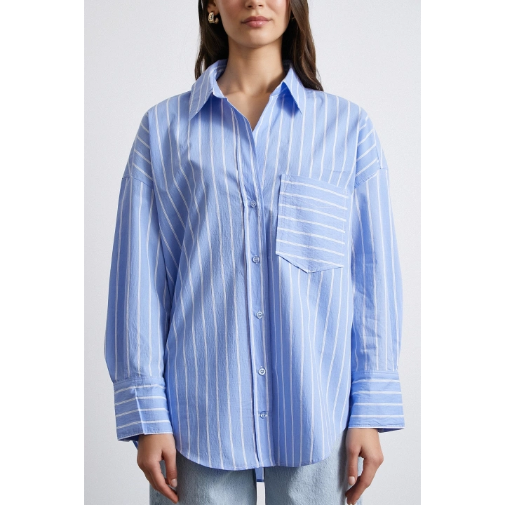 Basic Organik Pamuk Çizgili Gömlek Mavi