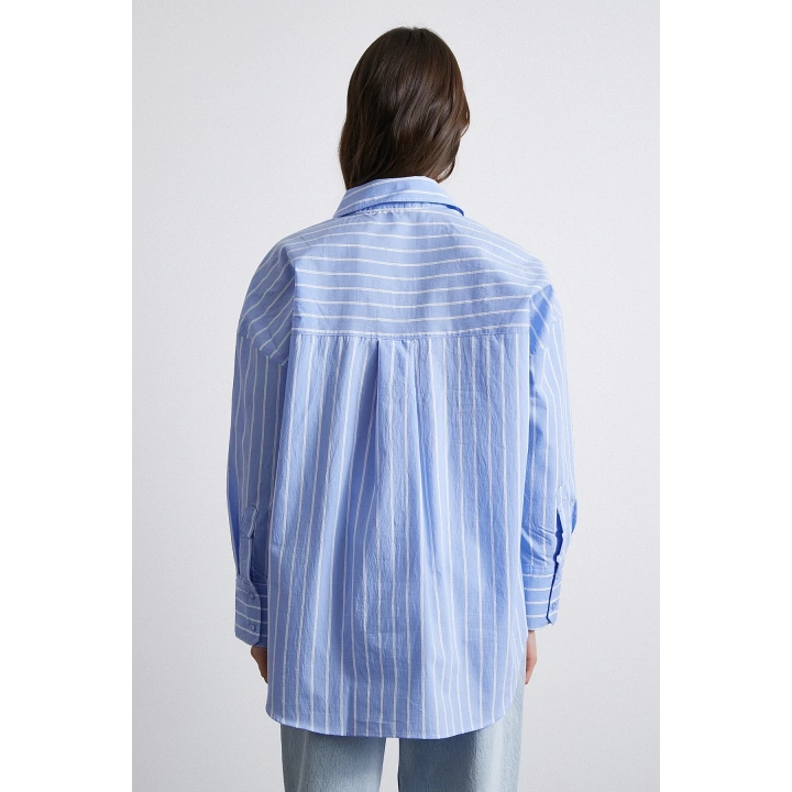 Basic Organik Pamuk Çizgili Gömlek Mavi