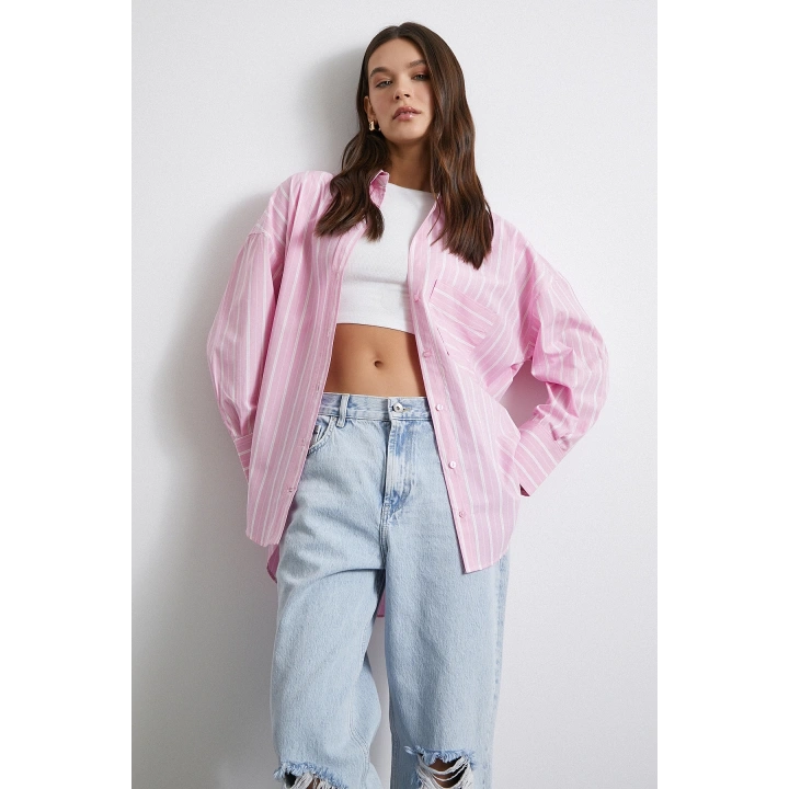 Basic Oxford Çizgili Gömlek Pembe