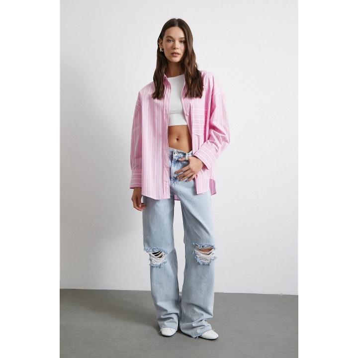 Basic Oxford Çizgili Gömlek Pembe